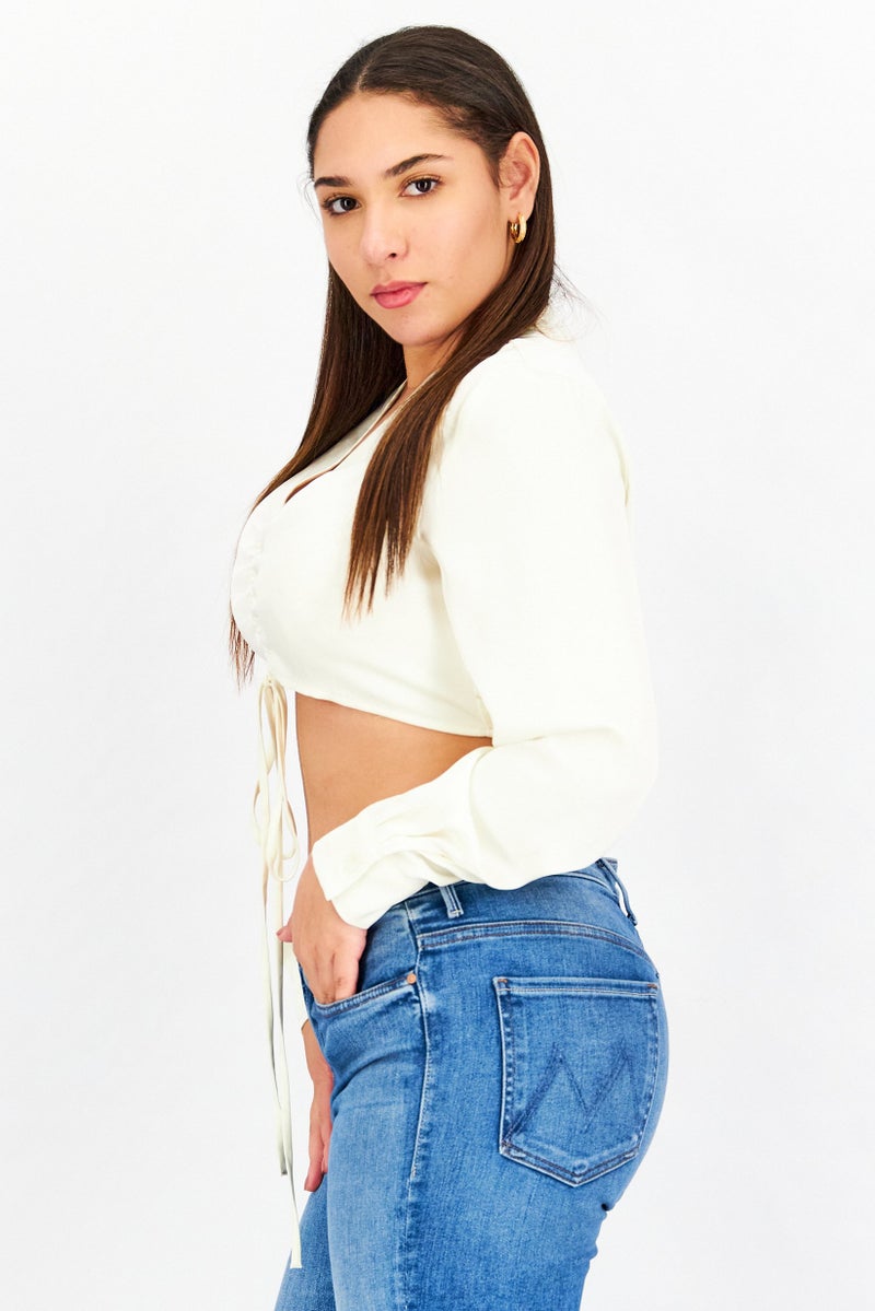 ARIA Women V Neck Long Sleeve Plain Crop Top, Cream - Image 4